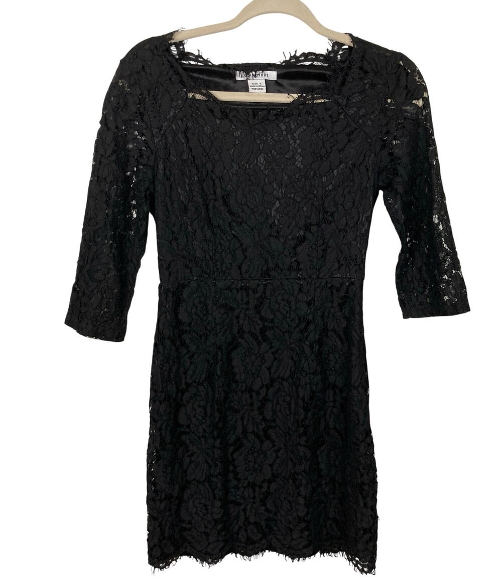Glamorous Black Lace 3/4 Sleeve Bodycon Mini Dress Womens S LBD Event Party Vamp